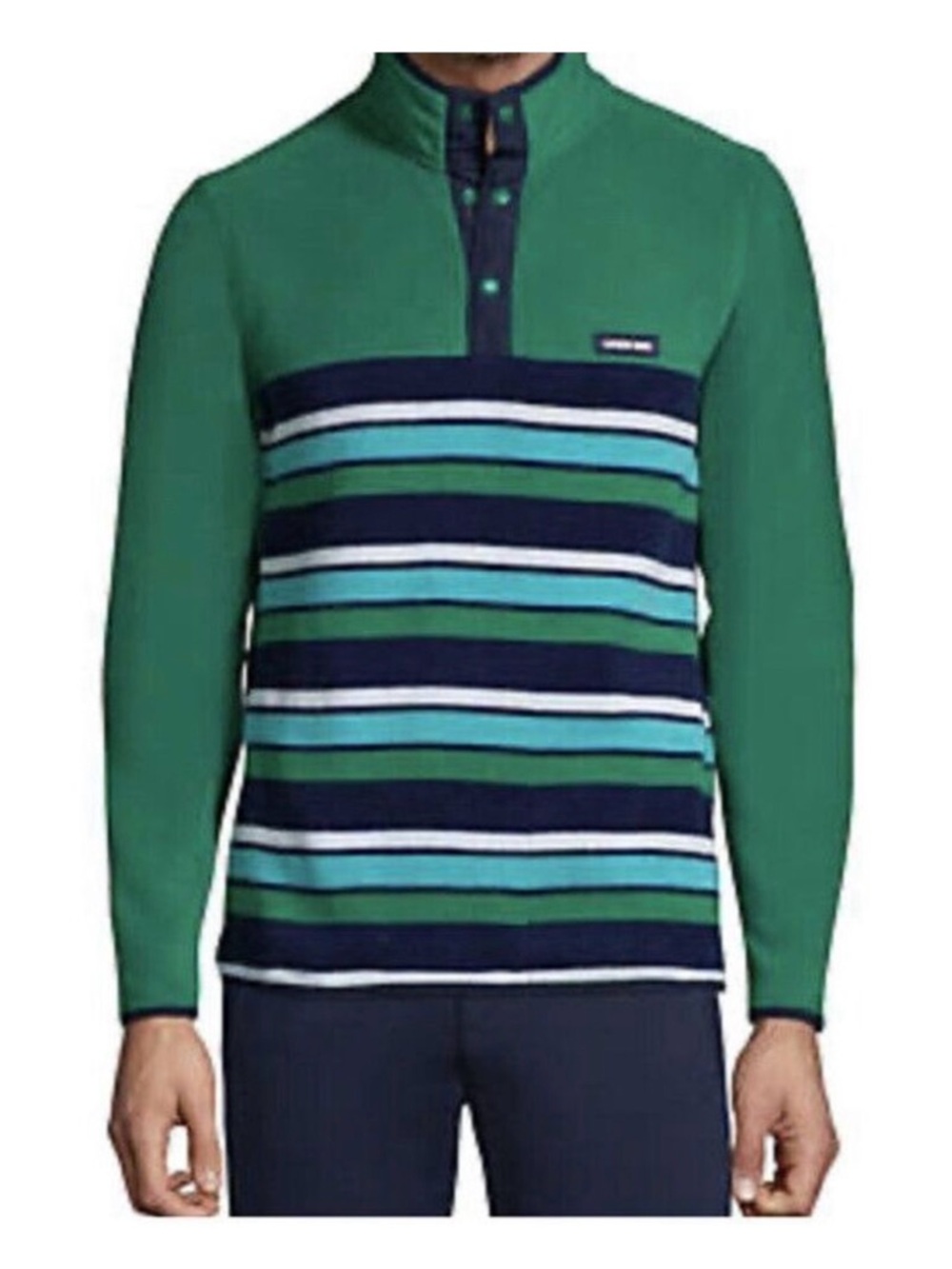 Land’s End Striped Green and Navy Quarter-Snap Pullover Men’s XL Fleece